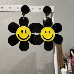 Black and Yellow Smiley Flower Earrings